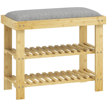 Schuhbank met zitkussen en schoenenrek | Kleur: Grijs+Natuurlijk hout | Afmetingen: 60x29x49 cm