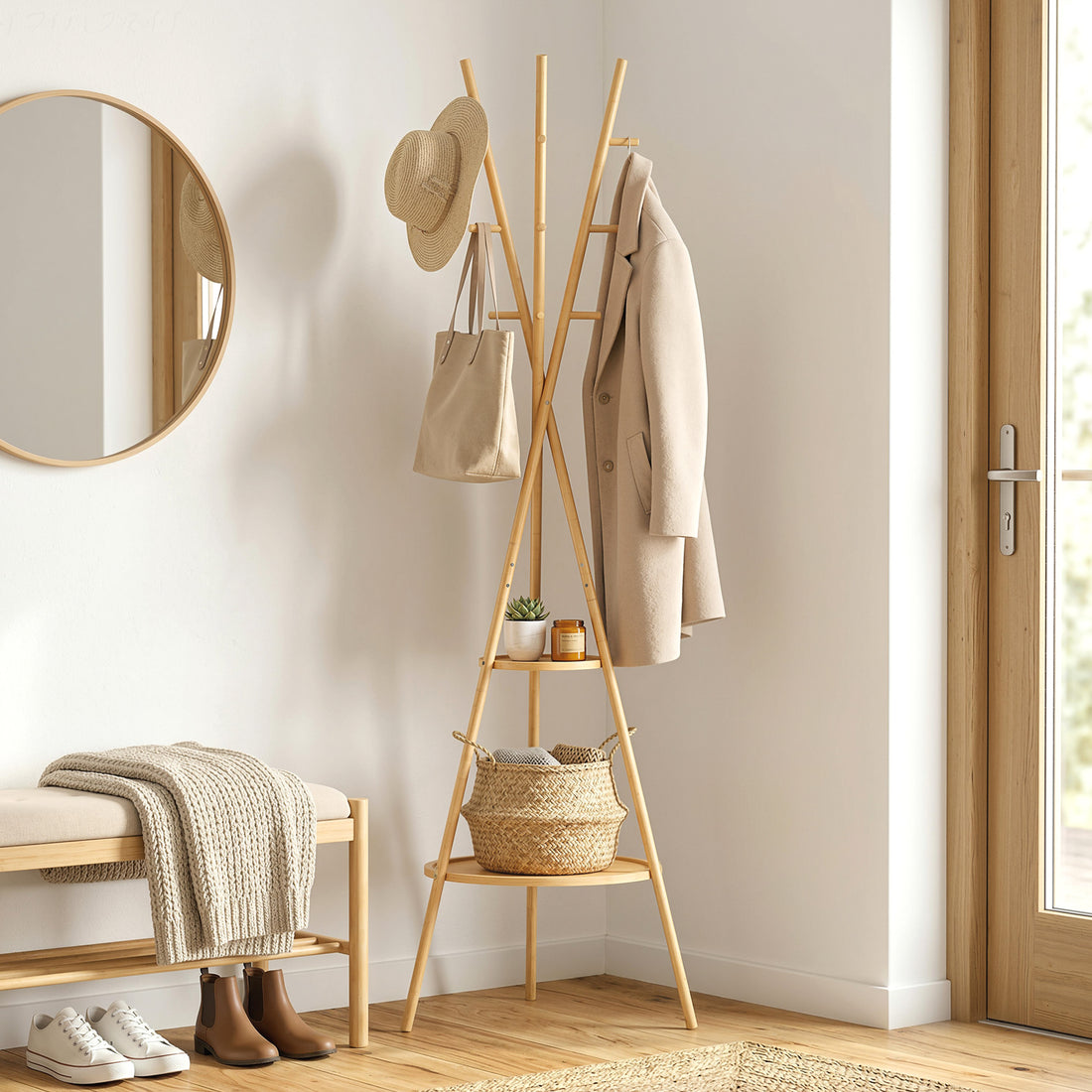 Garderobestandaard met 9 haken en 2 planken | Kleur: Natur | Afmetingen: 58,5x58,5x176 cm