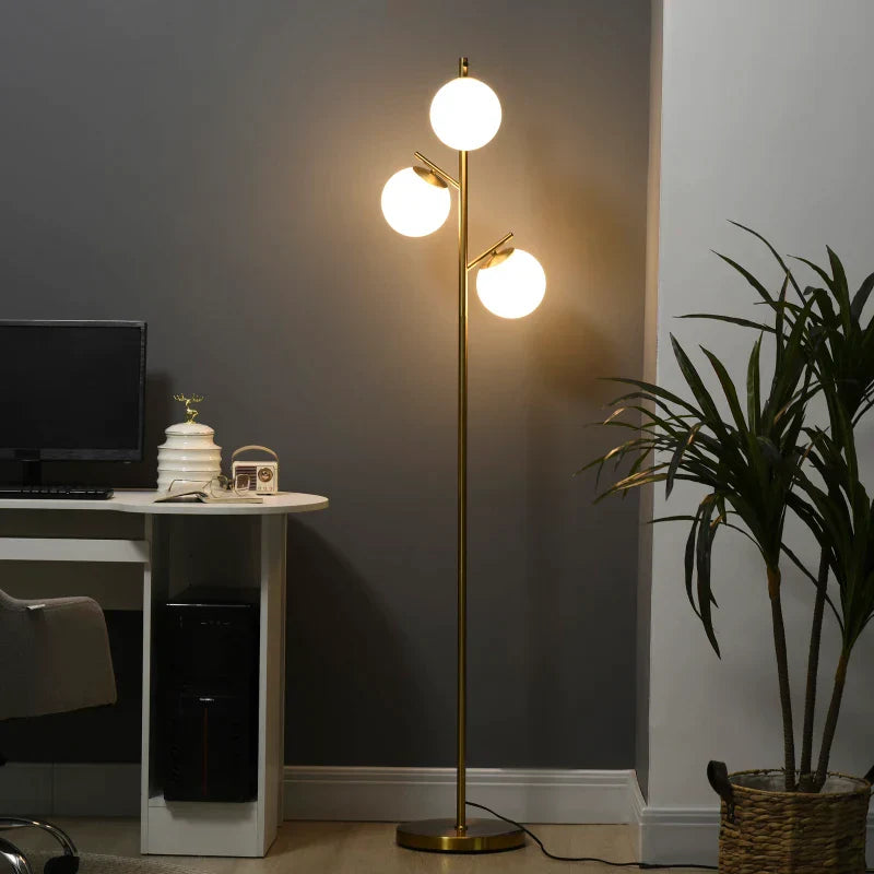 Vloerlamp met 3 glazen kappen - Goud+Wit | Kleur: Goud+Wit | Afmetingen: 27x27x169 cm