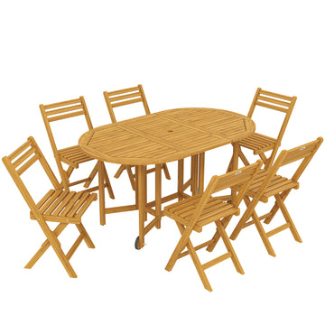 Houten tuinset met uitschuiftafel, 6 klapstoelen | Kleur: Natuurhout | Afmetingen: 150x90x74 cm