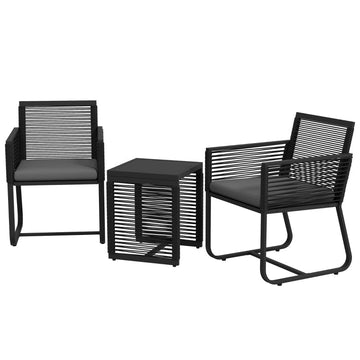 3-delige rattan bistroset met glazen tafel | Kleur: Zwart, grijs | Afmetingen: 53x57x77 cm