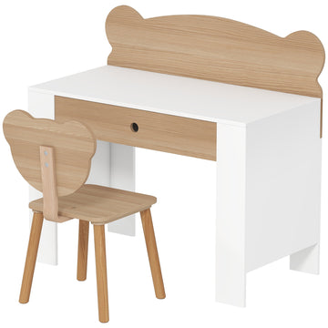 Kinderbureau met stoel voor kinderen - Beerdesign en lade | Kleur: Bruin + wit