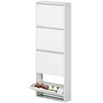 Smalle witte metalen schoenenkast met 4 kantelbare laden | Kleur: Wit | Afmetingen: 55x15x139.5 cm