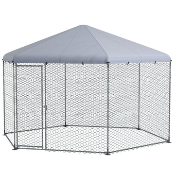 Ruime kippenren met zeshoekig dak | Kleur: Zilver | Afmetingen: 346x400x263 cm