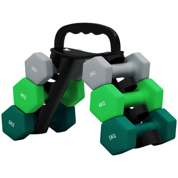 Dumbbellset 3-5 kg met rek en kettlebellfunctie | Kleur: Grijs-groen | Afmetingen: 42x10x30 cm