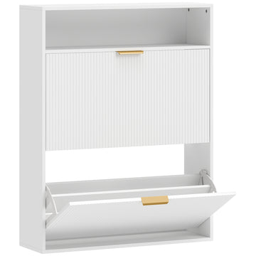 Smalle schoenenkast met 2 klepvakken en legplank | Kleur: Wit | Afmetingen: 80x24x102,5 cm