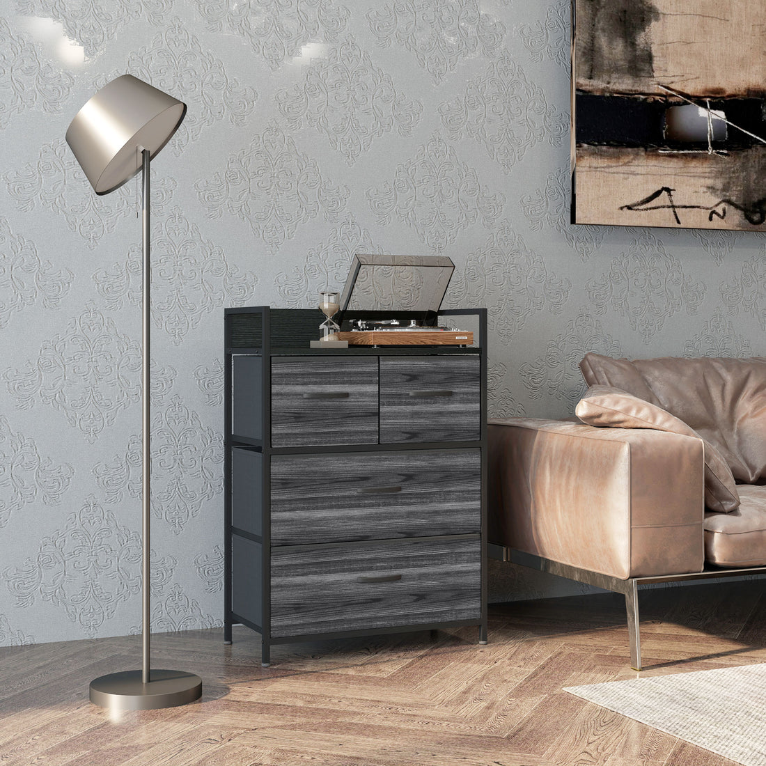 Kommode mit 4 Stoffschubladen - Industriell | Farbe: Schwarz | Maße: 60x29x85 cm