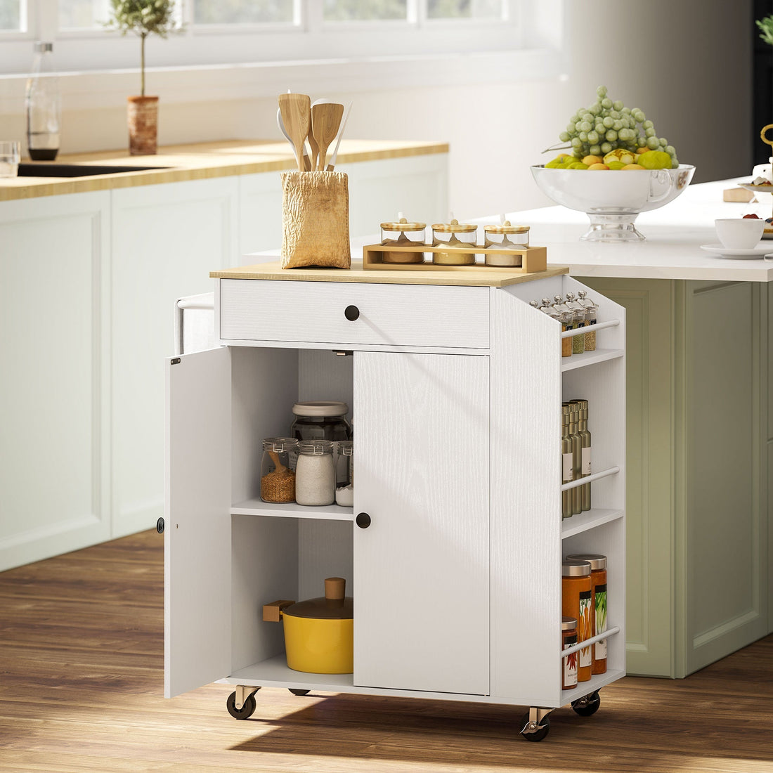 Keukenwagen op wielen met lade en kast | Kleur: Wit en bruin | Afmetingen: 82x38x86.5 cm