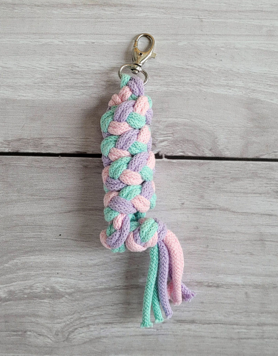 Dubbelknuten rep för hobbyhäst - tygel - mjuk bomull, skavsäker, 73 cm, mint/lila/rosa