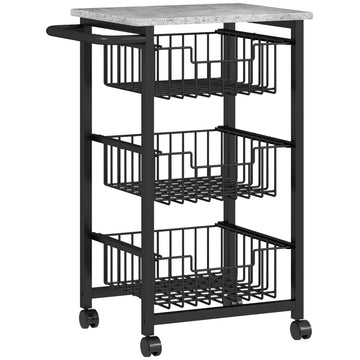 3-laags keukentrolley op wielen met stalen manden | Kleur: Grijs + Zwart | Afmetingen: 49.5x31x69 cm