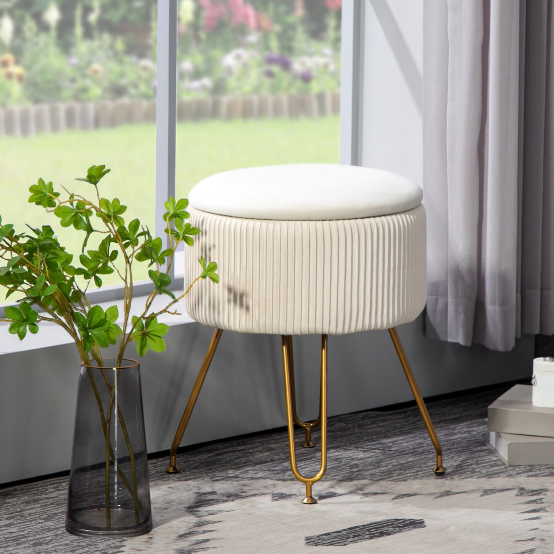 Opbergtabouret 2-in-1 met metalen poten | Kleur: Wit-goud | Afmetingen: 40x40x48 cm