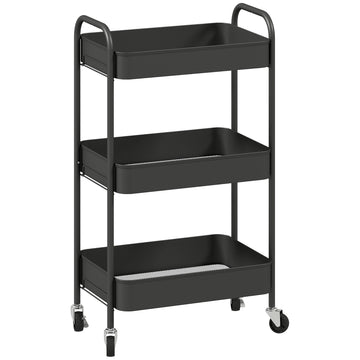 Keukenwagen op wielen met 3 etages en haken | Kleur: Zwart | Afmetingen: 30,6x45x79 cm