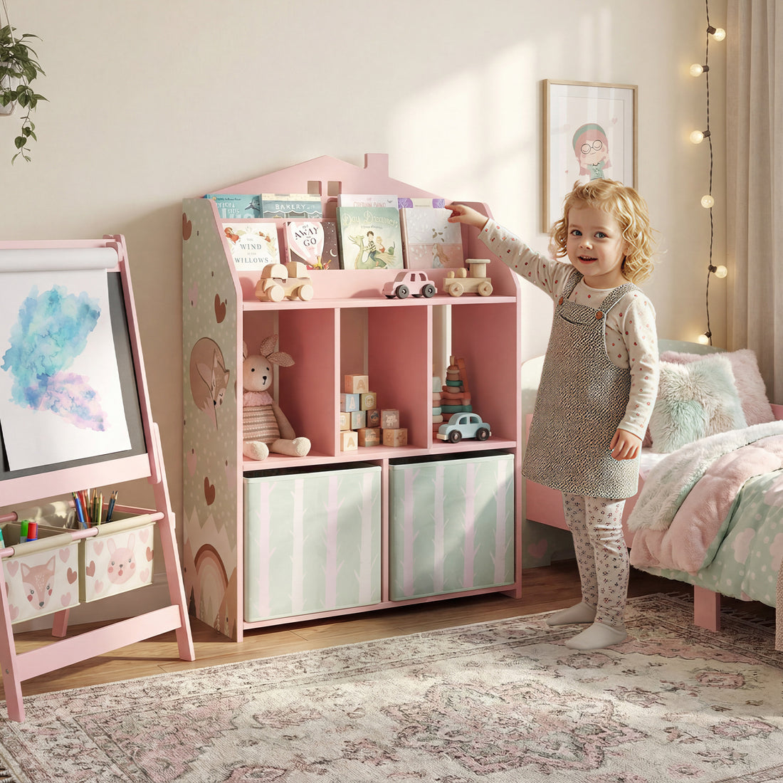 Kinderbücherregal mit 2 Stoffschubladen | Farbe: Rosa | Abmessungen: 62,5x30x91,5 cm