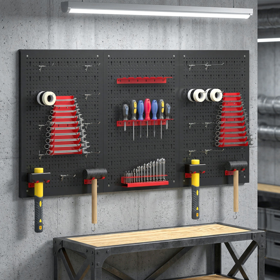 Wandregal mit 28-teiliger Werkzeugwand | Farbe: Schwarz+Rot | Abmessungen: 120x60x2 cm