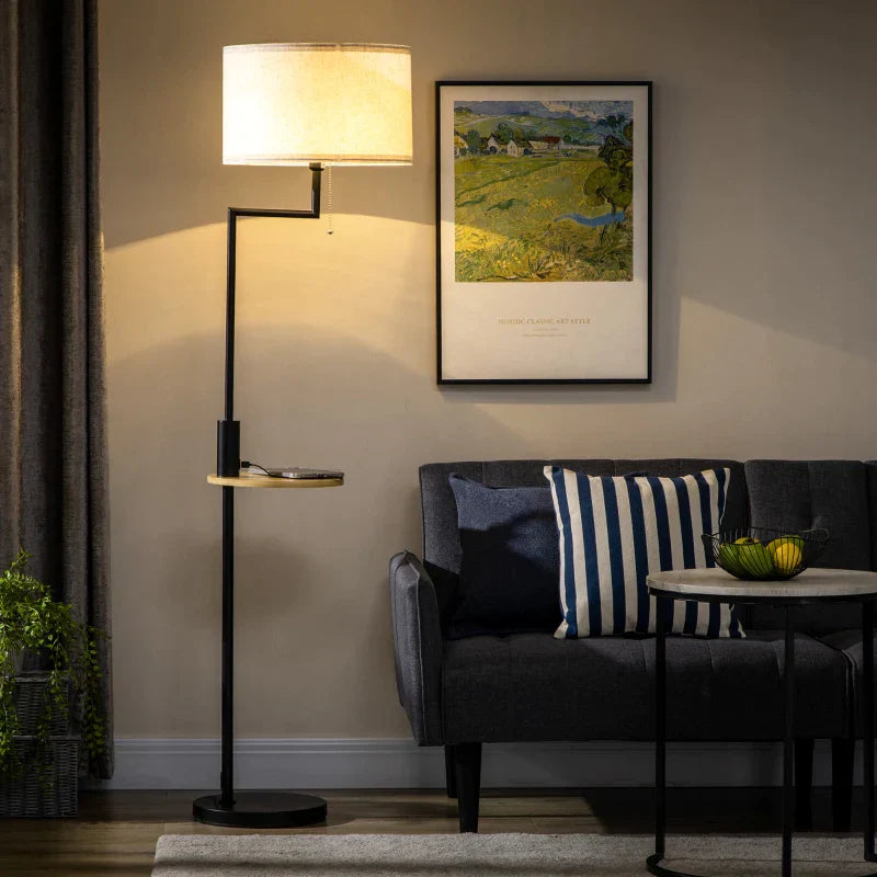 Vloerlamp met plank en USB | Kleur: Natuurlijk, zwart, beige | Afmetingen: 40x40x168 cm