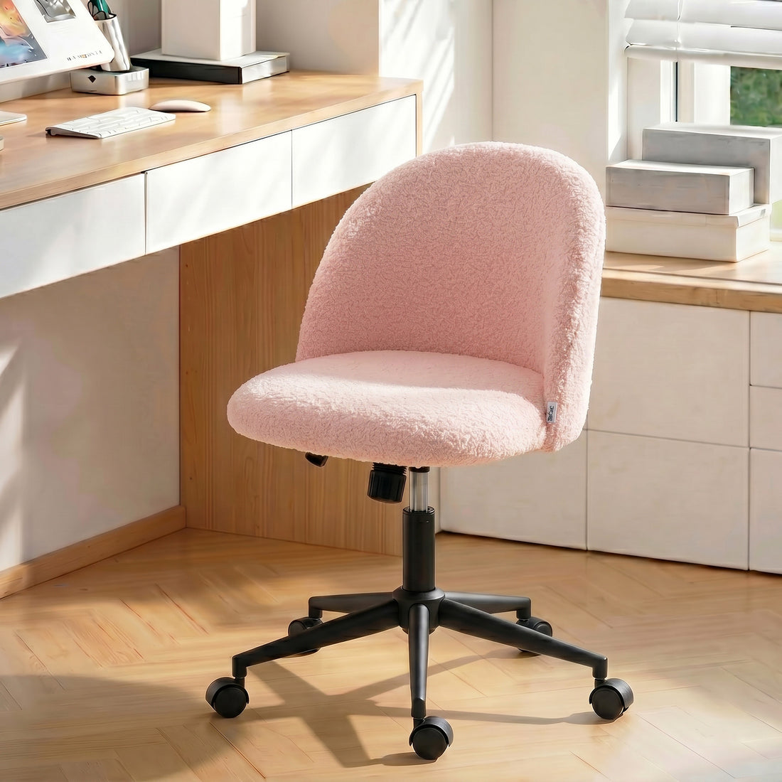 Bürostuhl aus Teddyfleece, drehbar und verstellbar | Farbe: Rosa | Abmessungen: 52x59x84,5 cm