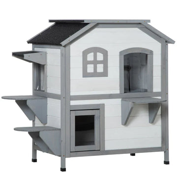 Kattenhuis voor buiten met 2 verdiepingen | Kleur: Wit | Afmetingen: 55,5x78x91 cm