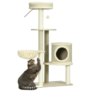 Kattenboom met krabpaal en hangmat | Kleur: Bruin/Beige/Wit | Afmetingen: 59x40x124 cm
