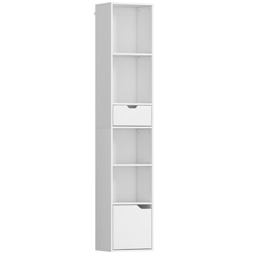 Verstelbare boekenkast met 6 niveaus, lade en kastdeur | Kleur: Wit | Afmetingen: 30x24x158 cm
