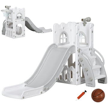 5-in-1 glijbaan voor kinderen met basketbalring | Kleur: Grijs, wit | Afmetingen: 177x70x92 cm
