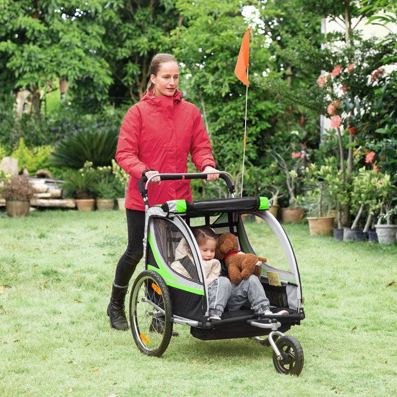 2-in-1 kinderfietstrailer | Kleur: Groen/grijs/zwart/zilver | Afmetingen: 75x142x101 cm