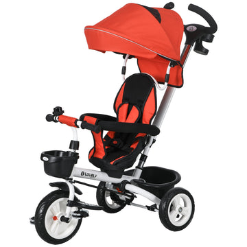 6-in-1 kinderdriewieler met duwstang en dak | Kleur: Rood | Afmetingen: 50x112x104 cm