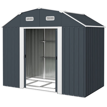 Metalen tuinschuur met 2 ramen en 2 deuren | Kleur: Donkergrijs | Afmetingen: 132x238x198.5 cm