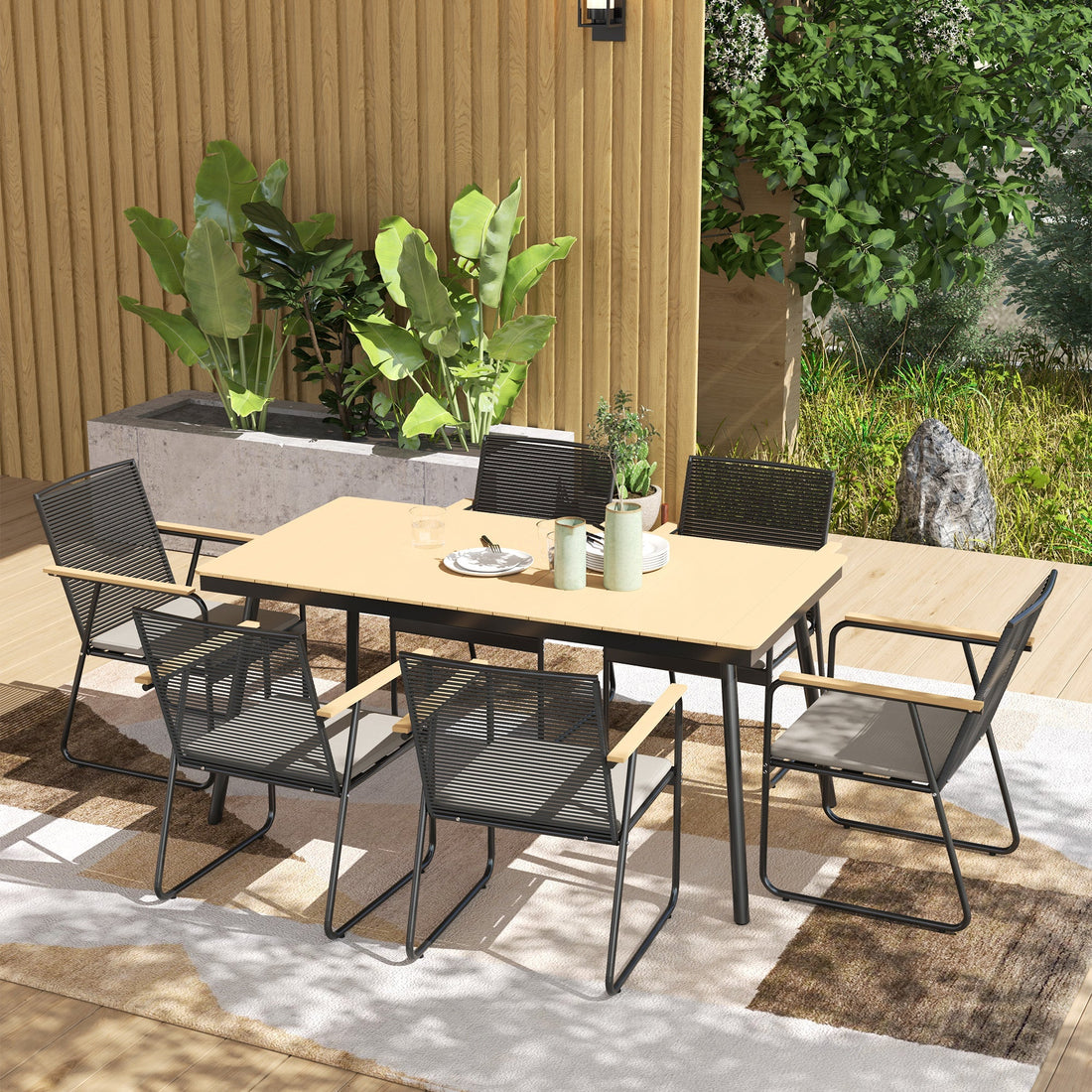 6-Sitzer-Gartenset mit Tisch und 6 Stühlen | Farbe: Braun, Schwarz | Maße: 85x160x75 cm