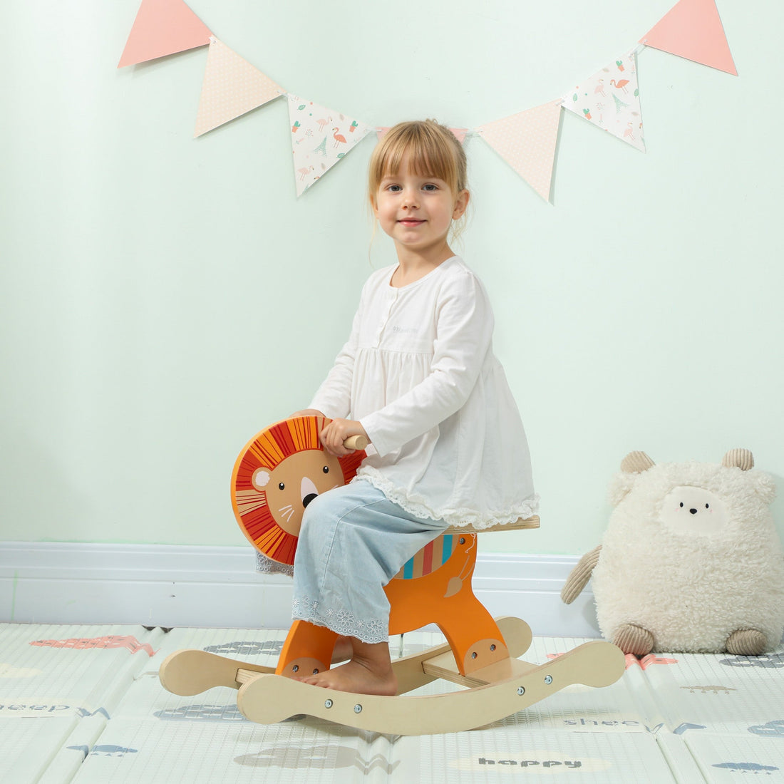 Hobbelpaard voor kinderen - Leeuwendesign, hout | Kleur: Oranje | Afmetingen: 27x59x44 cm