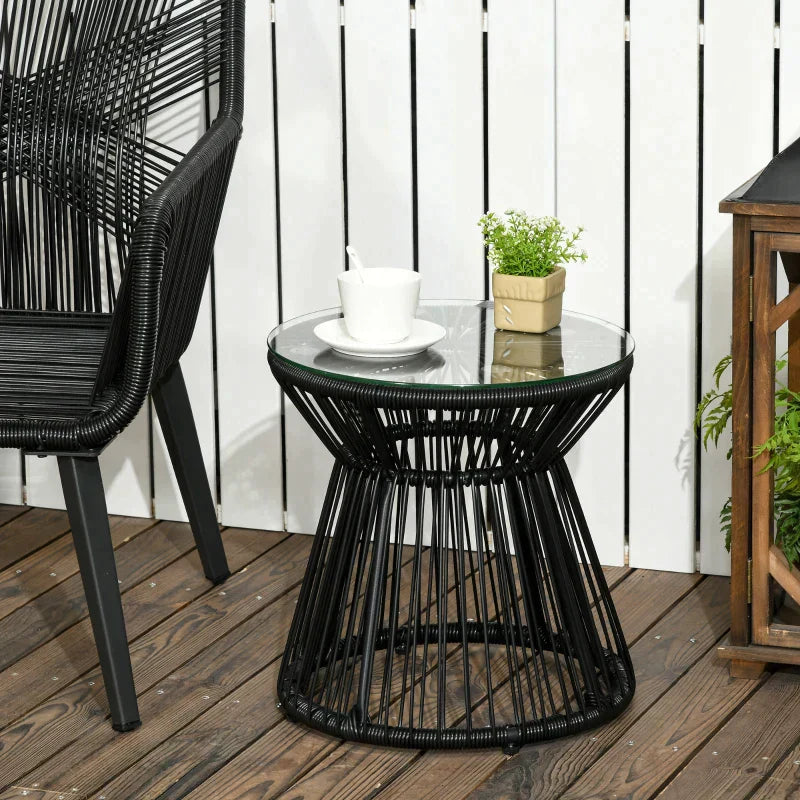 Rattan bijzettafel - glazen tuintafel voor buiten | Kleur: Zwart | Afmetingen: 40x40x42 cm