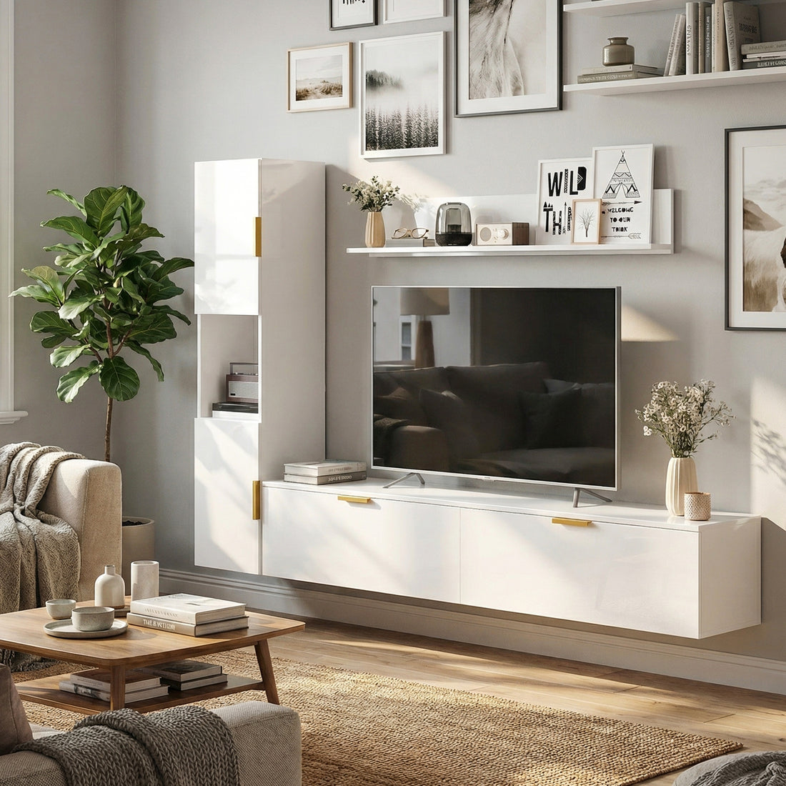 Schwebendes TV-Möbelset mit Wandschrank und Wandregal | Farbe: Hochglanzweiß | Maße: 180x33x30 cm