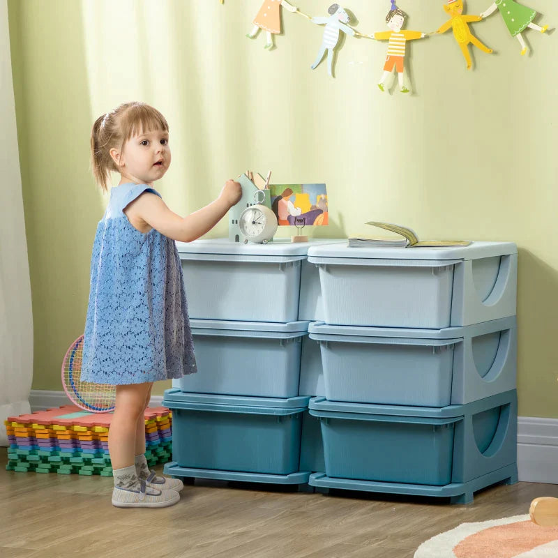 Kinderkommode mit 6 Schubladen | Farbe: Himmelblau/Hellblau/Tiefblau | Abmessungen: 37x275x56.5 cm