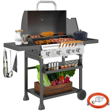 Gasbarbecue 4 branders + zijbrander | Kleur: Zwart, zilver | Afmetingen: 135x55x103 cm