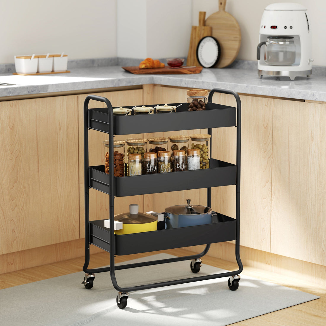 Keuken trolley met 3 manden en 4 wielen | Kleur: Zwart | Afmetingen: 34x64,5x87 cm