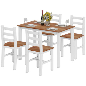 Eetkamerset van grenenhout met tafel en 4 stoelen | Kleur: Bruin + Wit