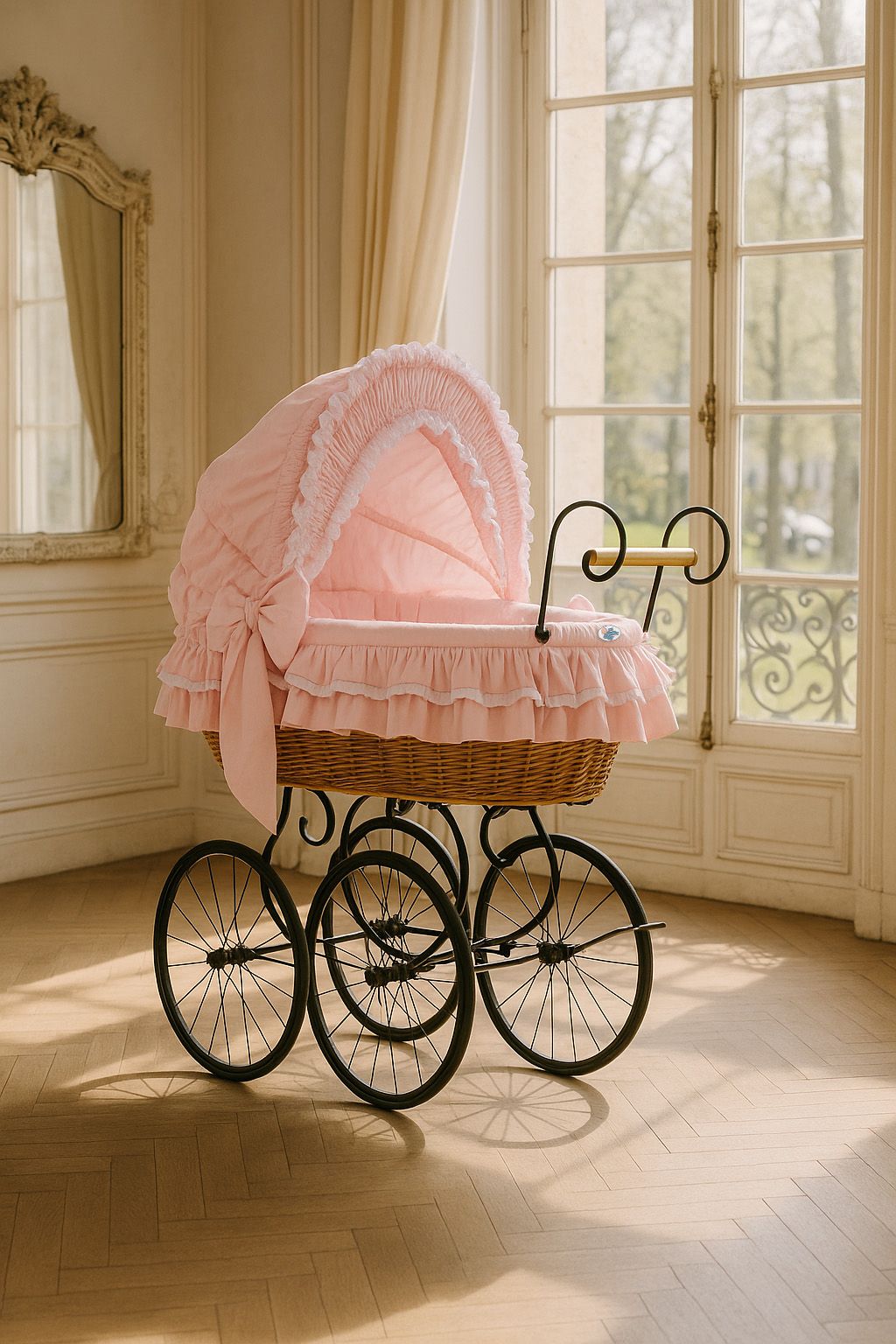 Retro trävagn i rotting - vintagevagga - justerbar sufflett för optimal komfort