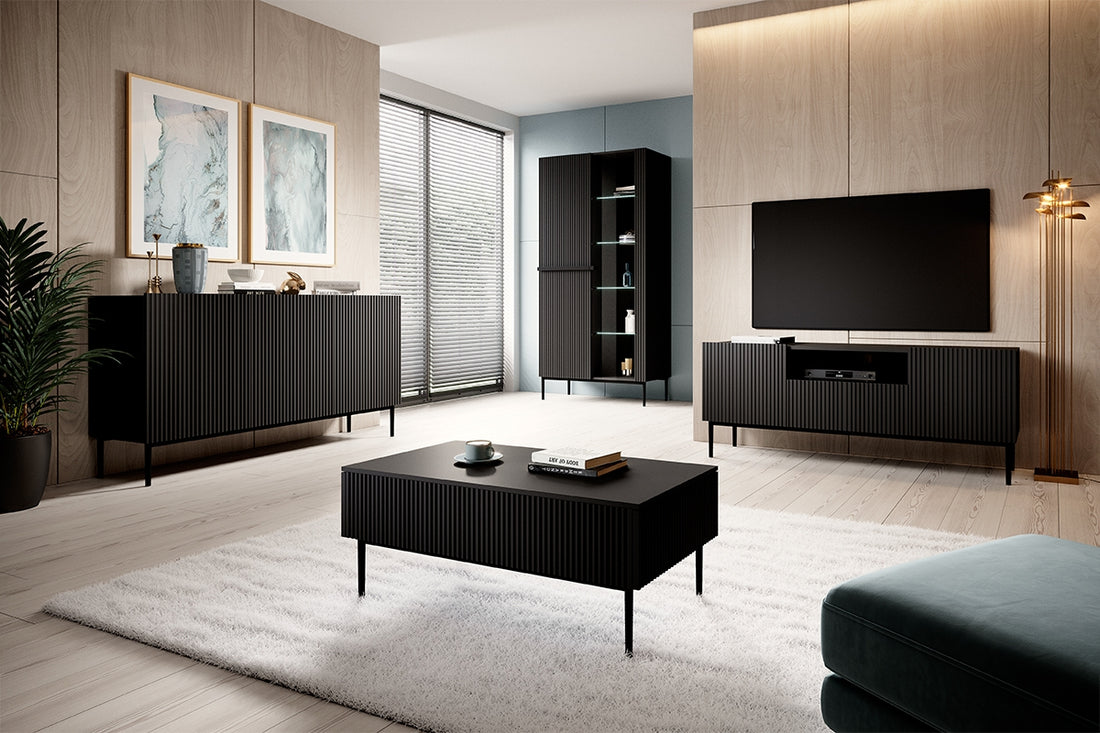 Nicole Vitrinekast 100 cm met Gegroefd Front - Stijlvolle Mat Zwarte Kast | Kleur: Mat Zwart