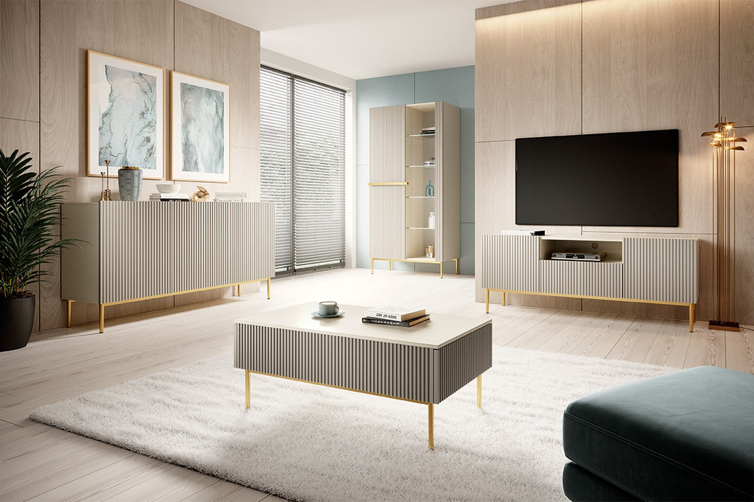 Nicole Vitrinekast met Gegroefd Front – Luxe Kasjmier | Gouden Poten | 100x200x45 cm