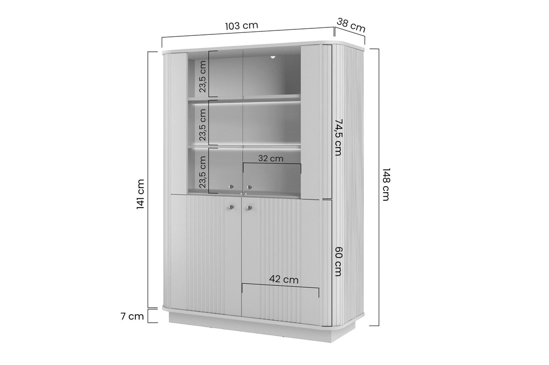 Vesper vitrinekast op sokkel met verlichting - 4 deuren, geribbeld design | Zwart | 103x148x38 cm