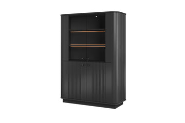 Vesper vitrinekast op sokkel met verlichting - 4 deuren, geribbeld design | Zwart | 103x148x38 cm