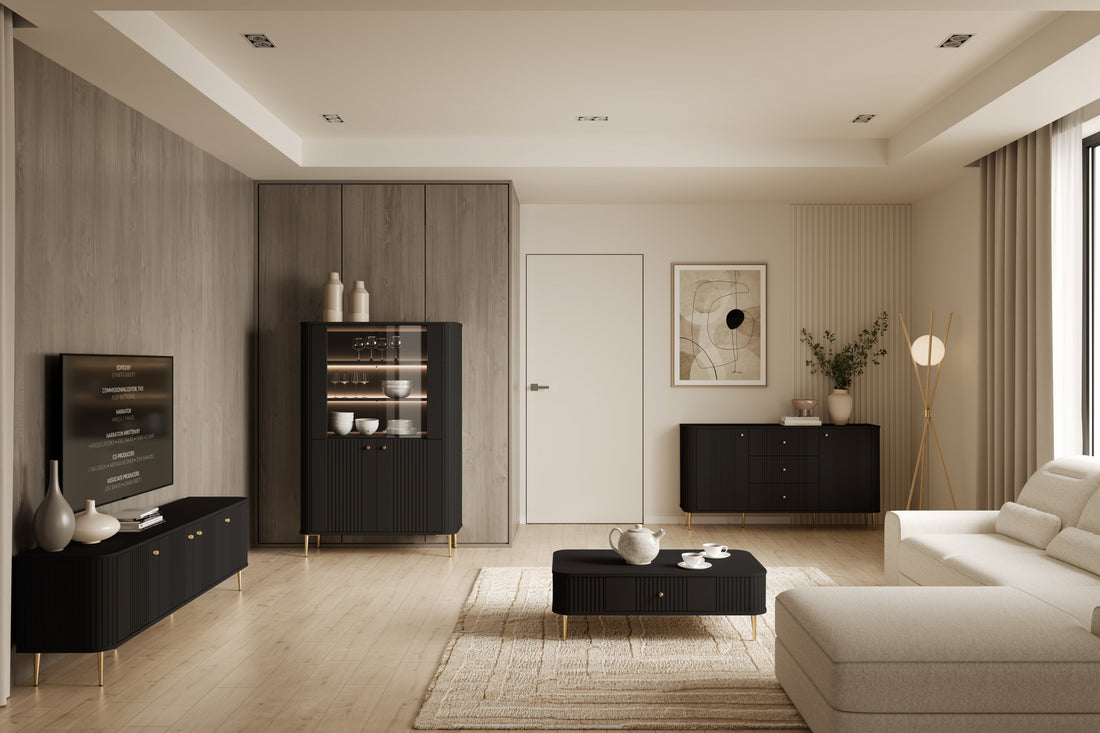 Vesper vitrinekast met ledverlichting - Luxe opbergmeubel woonkamer | Kleur: Zwart met goud