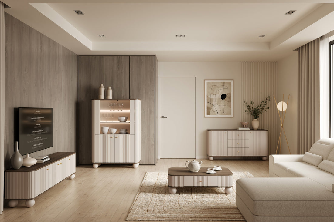 Vesper Vitrinekast met LED-verlichting – Luxe opbergmeubel | Kleur: Kasjmier/Walnoot