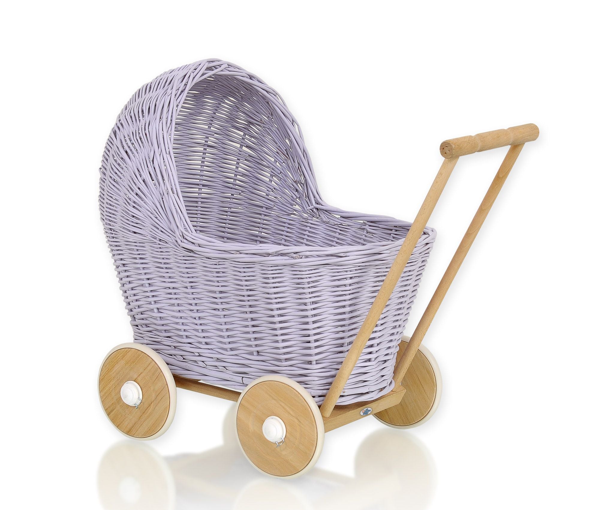Wicker poppenwagen - poppenbuggy - handgemaakt wilgenteen, stabiel houten chassis, paars