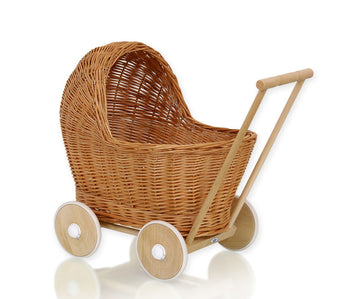 Wicker poppenwagen - handgevlochten poppenkar - stevig beukenhout, duurzaam en stijlvol cadeau