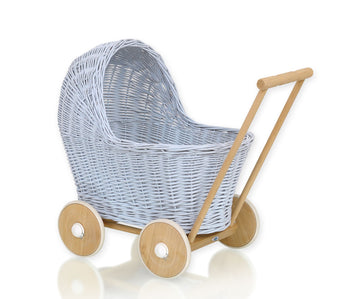 Wicker poppenwagen - rieten bolderkar - handgemaakt & stabiel houten chassis, blauw, kindvriendelijk
