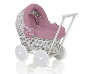 Grå dockvagn i rotting - naturfärgad rotting, mjukt fleecefoder, pastellrosa