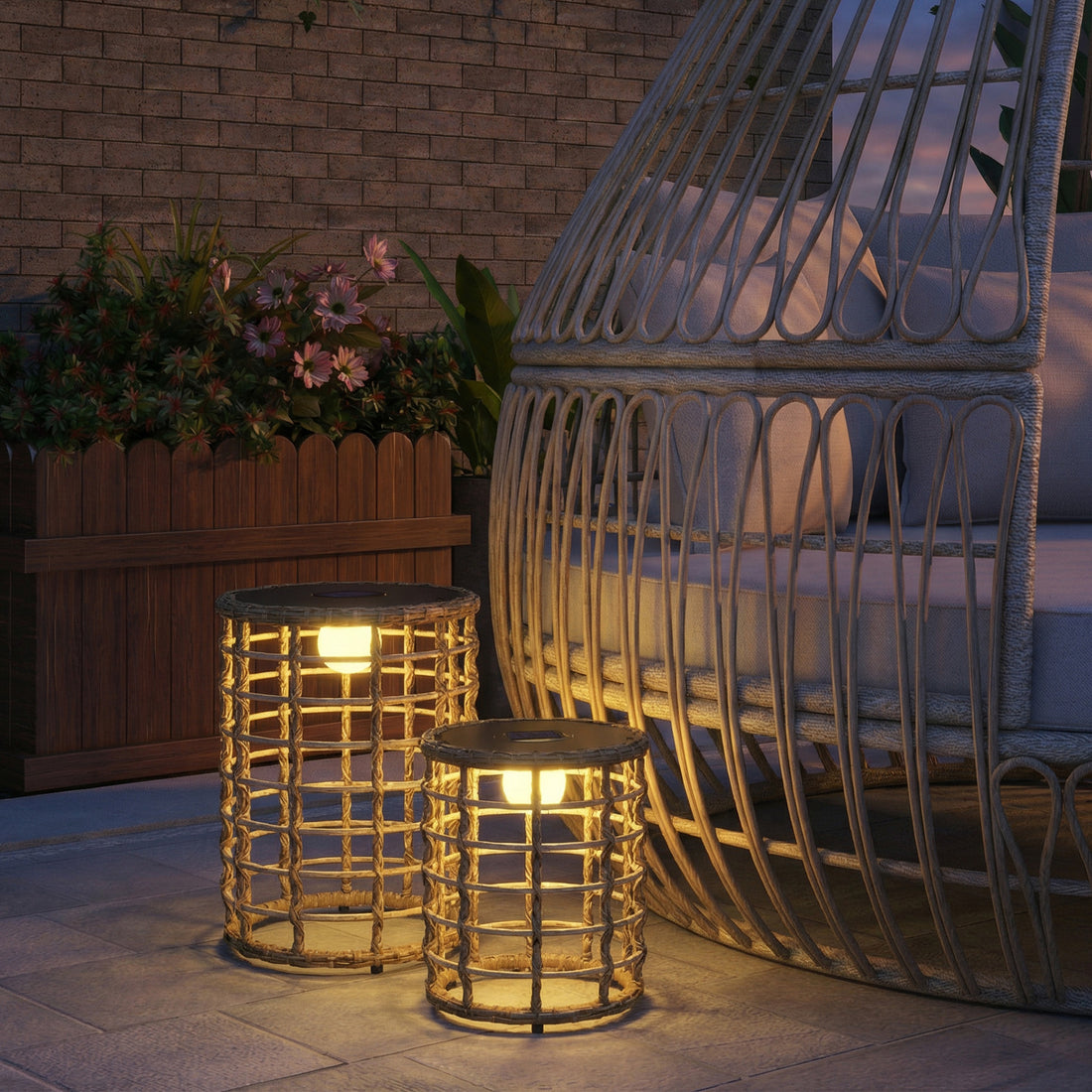 2-delige Rattan Solar Tuinlampen Boho LED IP44 | Kleur: Sand | Afmetingen: 45x45x45 cm