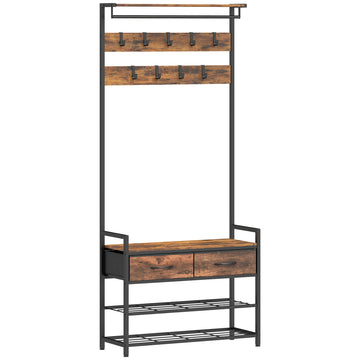 Garderoberek met schoenenbank en haken | Kleur: Rustiek bruin | Afmetingen: 80x30x181,5 cm