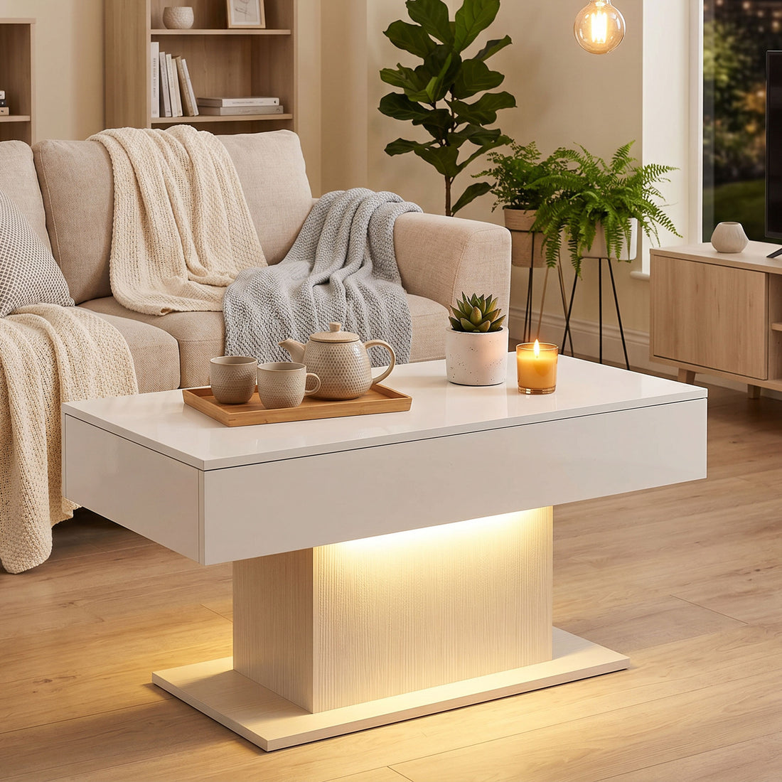 LED-soffbord med förvaringsutrymme, 2 lådor | Färg: Högglansvit | Mått: 108x48x55 cm