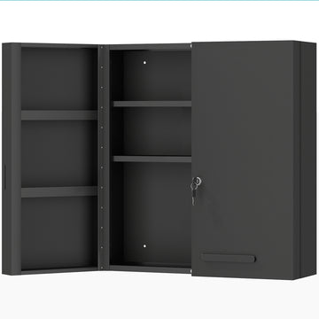 Medicijnkast met slot, 2 deuren en 6 planken | Kleur: Zwart | Afmetingen: 55x18x60 cm